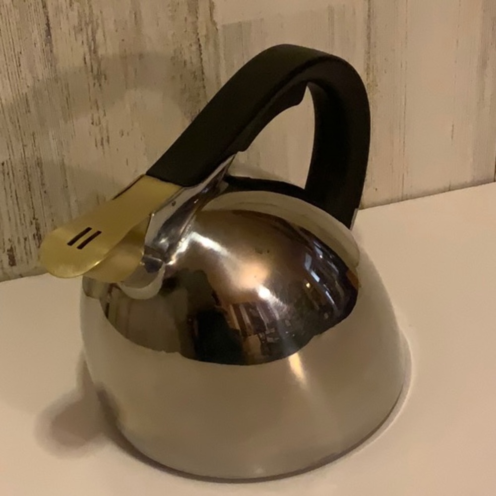 Nambe Polished Stainless Steel Tea Kettle with Black Handle - Picture 3 of 5